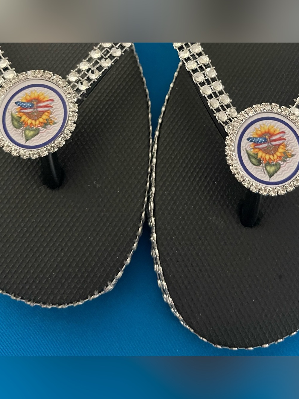 Black Rhinestone Sunflower Flip Flops